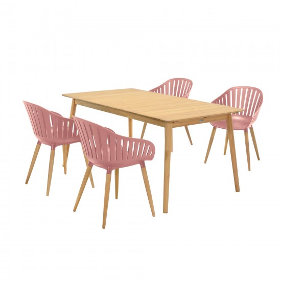 Nassau 5 piece Dining Set in Natural Wood Finish Table and Pink Peony Arm Chairs