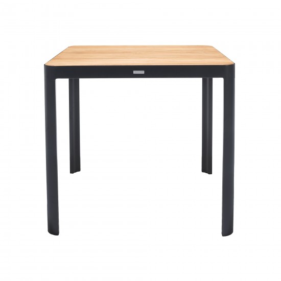 Portals Outdoor Square Bar Table in Natural Teak Wood Top and Black Frame