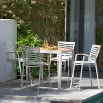 Patio Aluminum Bar Set with Natural Teak wood Accent Top in Light Matte