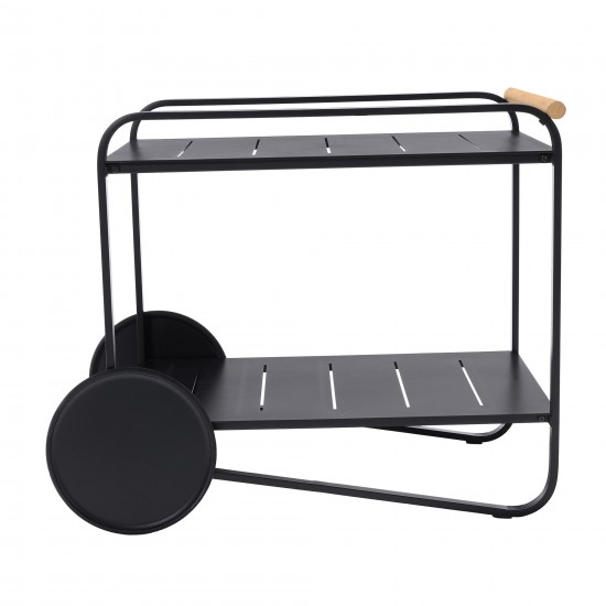 Portals Outdoor Accent Cart in Black Finish and Natural Teak Wood Accent