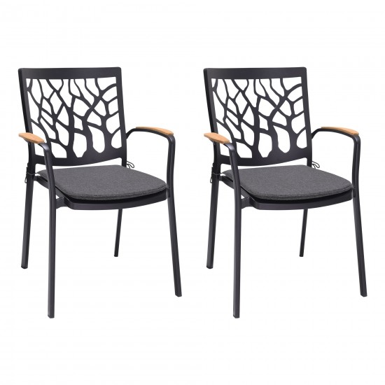 Portals Patio Aluminum Chair in Black with Natural Teak Wood Accent-Set of 2