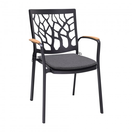 Portals Patio Aluminum Chair in Black with Natural Teak Wood Accent-Set of 2