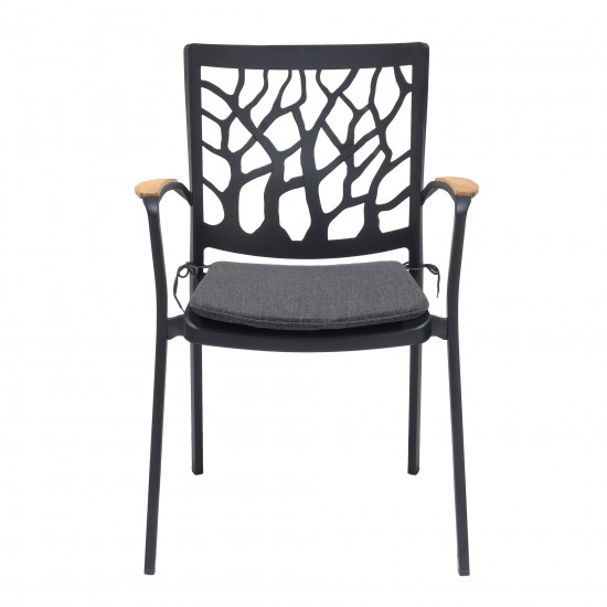 Portals Patio Aluminum Chair in Black with Natural Teak Wood Accent-Set of 2