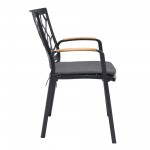 Portals Patio Aluminum Chair in Black with Natural Teak Wood Accent-Set of 2