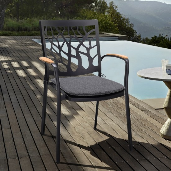 Portals Patio Aluminum Chair in Black with Natural Teak Wood Accent-Set of 2