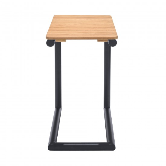 Portals Outdoor C-Shape Side Table in Black Finish and Natural Teak Wood Top