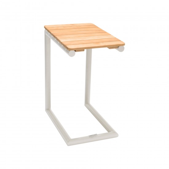 Portals C-Shape Side Table in Light Sand Matte Finish and Natural Teak Wood Top