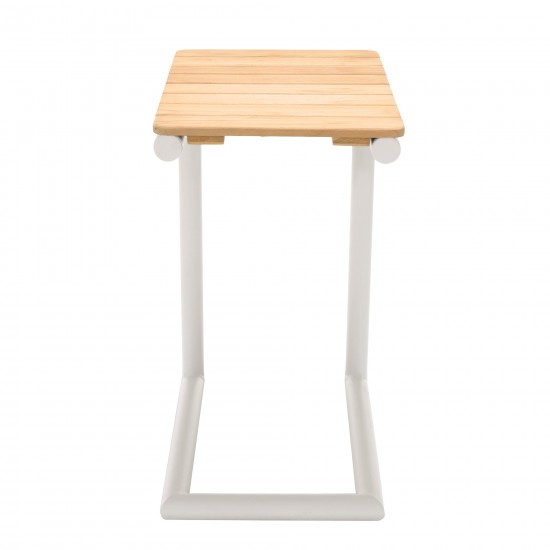 Portals C-Shape Side Table in Light Sand Matte Finish and Natural Teak Wood Top