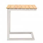 Portals C-Shape Side Table in Light Sand Matte Finish and Natural Teak Wood Top