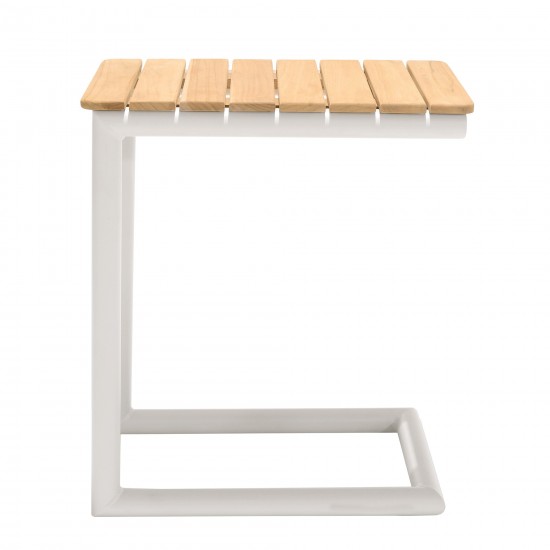 Portals C-Shape Side Table in Light Sand Matte Finish and Natural Teak Wood Top