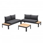 Portals 3 Piece Sofa Set in Black Finish with Natural Teak Wood Top Accent