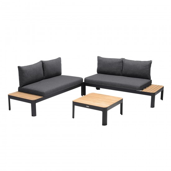 Portals 3 Piece Sofa Set in Black Finish with Natural Teak Wood Top Accent