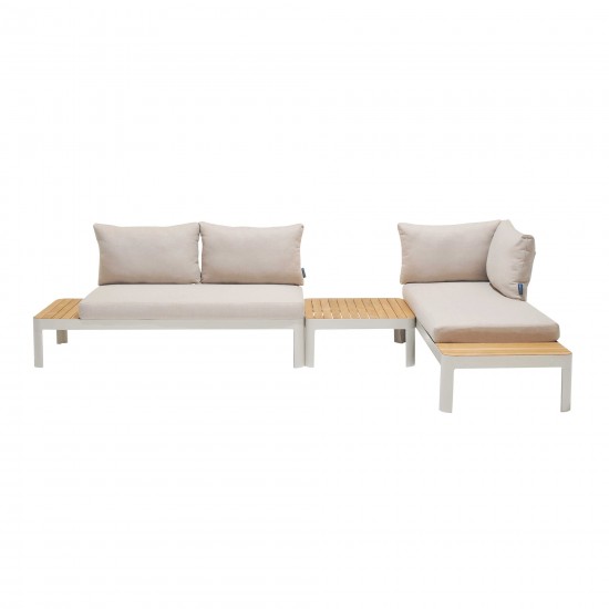 3 Piece Sofa Set in Light Matte Sand Finish with Natural Teak Wood Top Accent