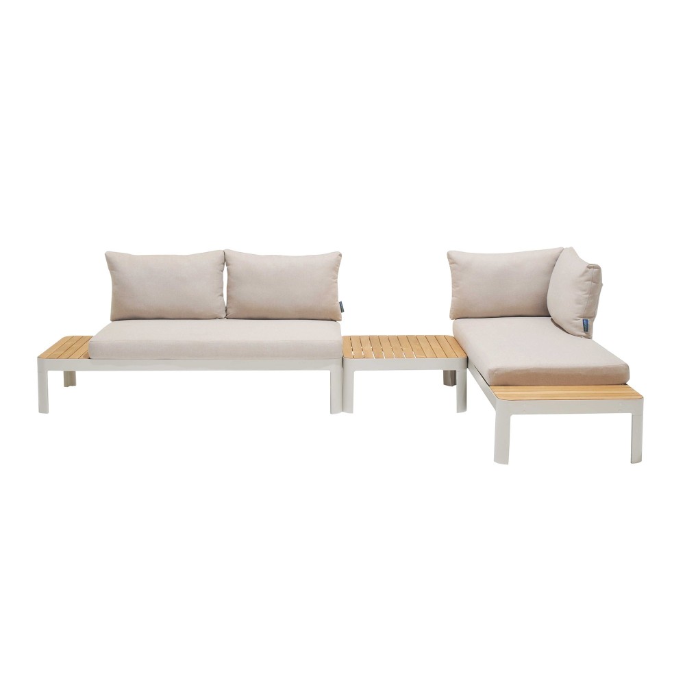 3 Piece Sofa Set in Light Matte Sand Finish with Natural Teak Wood Top Accent 3 Piece Sofa Set in Light Matte Sand Finish with Natural Teak Wood Top Accent