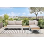 3 Piece Sofa Set in Light Matte Sand Finish with Natural Teak Wood Top Accent