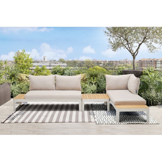 3 Piece Sofa Set in Light Matte Sand Finish with Natural Teak Wood Top Accent