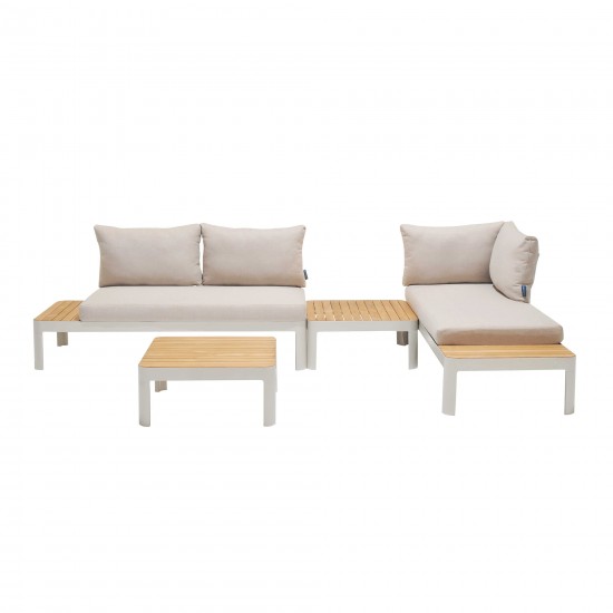 Portals Outdoor 4 Piece Sofa set in Matte Sand Finish with Natural Teak Wood