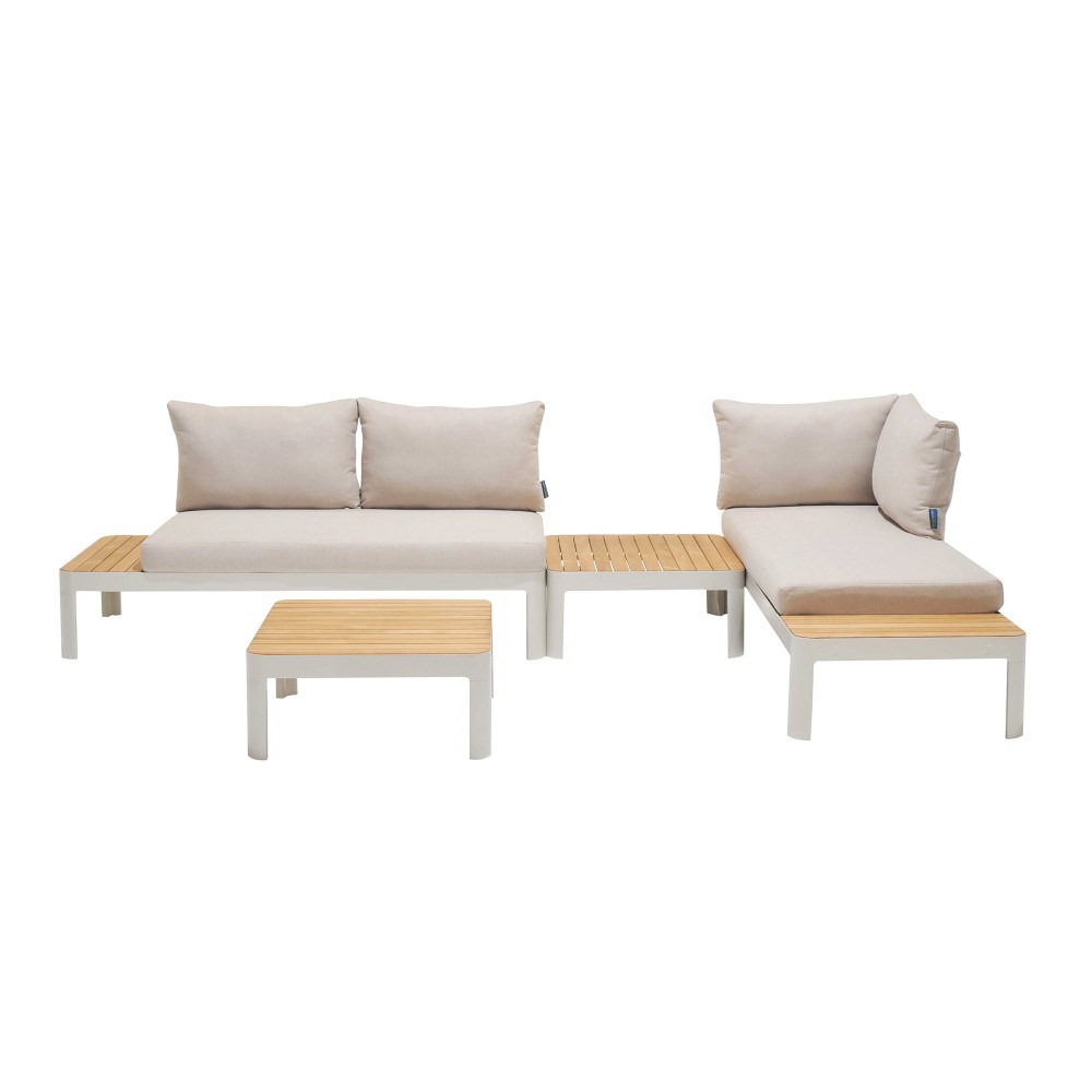 Portals Outdoor 4 Piece Sofa set in Matte Sand Finish with Natural Teak Wood Portals Outdoor 4 Piece Sofa set in Matte Sand Finish with Natural Teak Wood