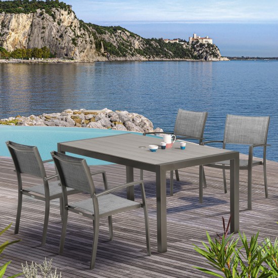 Solana 5 piece Outdoor Aluminum Dining Set in Cosmos Grey Finish with Wood Top