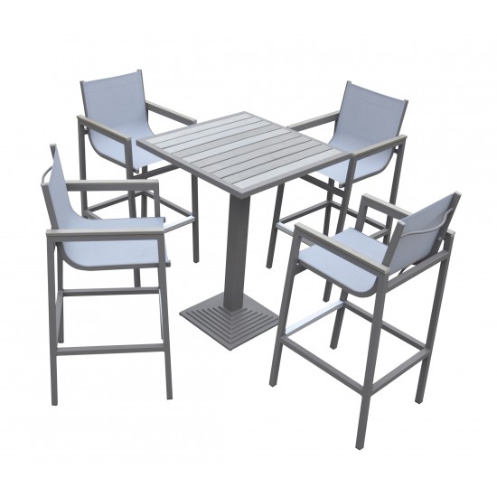 Marina Outdoor Patio Set Grey Finish and Grey Wood Top (Table with 4 barstools)
