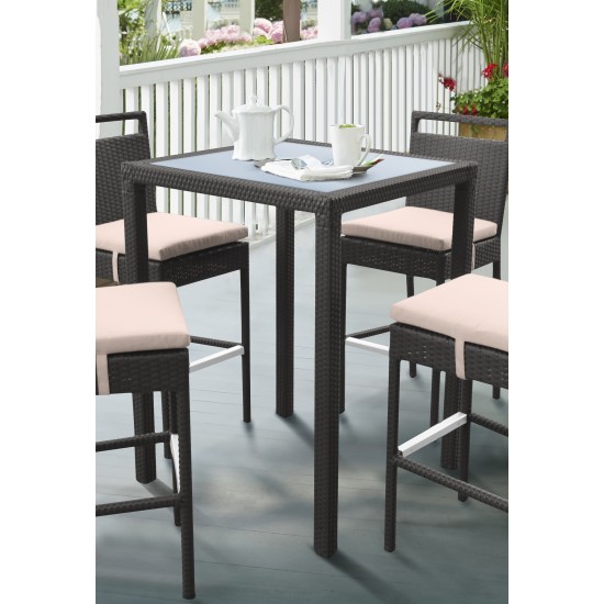 Tropez Outdoor Patio Wicker Bar Table with Black Glass Top