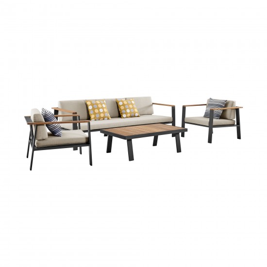 Nofi 4 piece Patio Set in Charcoal Finish with Taupe Cushions and Teak Wood