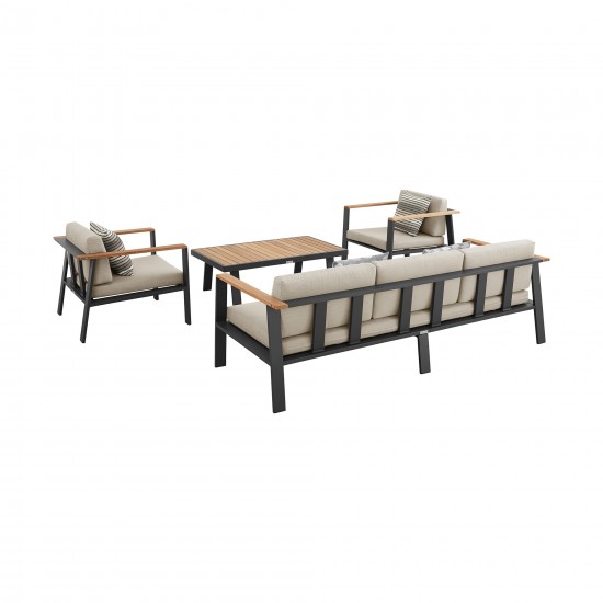 Nofi 4 piece Patio Set in Charcoal Finish with Taupe Cushions and Teak Wood