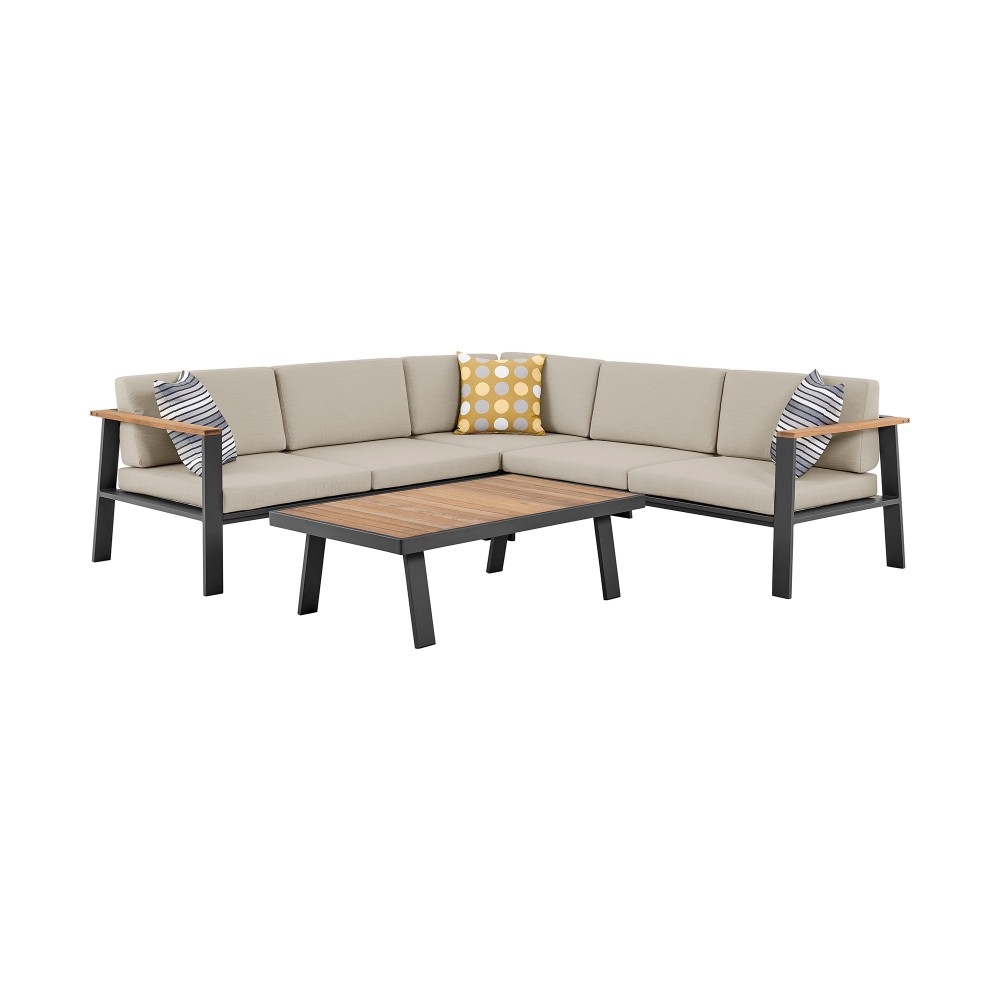 Nofi Patio Sectional Set in Charcoal Finish with Taupe Cushions and Teak Wood