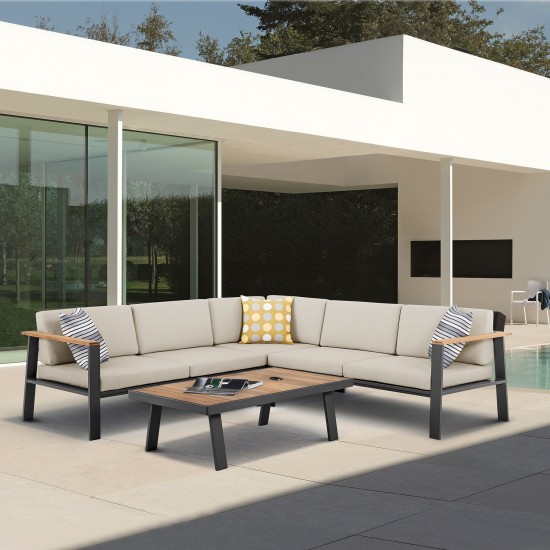 Nofi Patio Sectional Set in Charcoal Finish with Taupe Cushions and Teak Wood