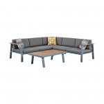 Nofi Patio Sectional Set in Gray Finish with Gray Cushions and Teak Wood