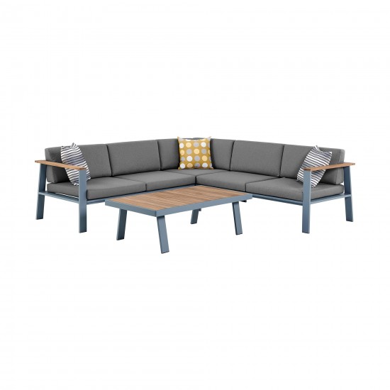 Nofi Patio Sectional Set in Gray Finish with Gray Cushions and Teak Wood