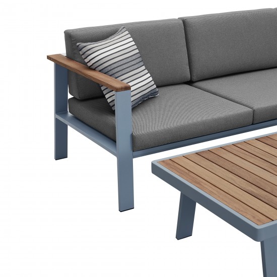 Nofi Patio Sectional Set in Gray Finish with Gray Cushions and Teak Wood