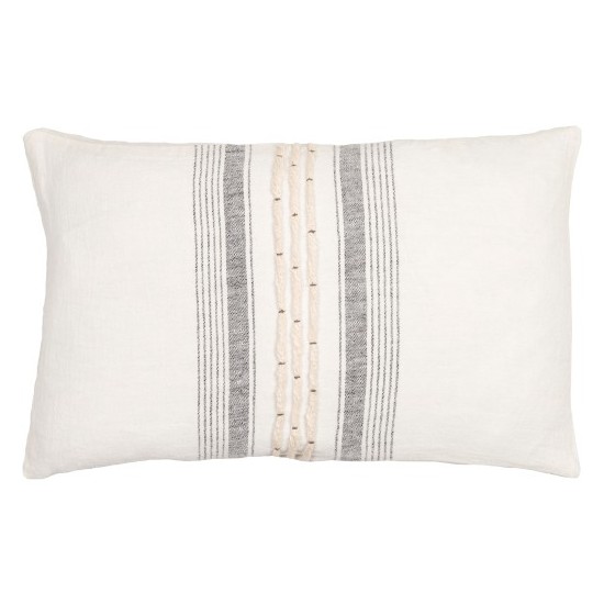 Surya Linen Stripe Embellished Pillow Cover 13"H X 20"W Cream & Black