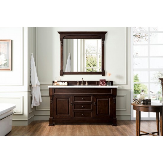 Brookfield 60" Single Vanity, Burnished Mahogany w/ 3 CM Carrara Marble Top