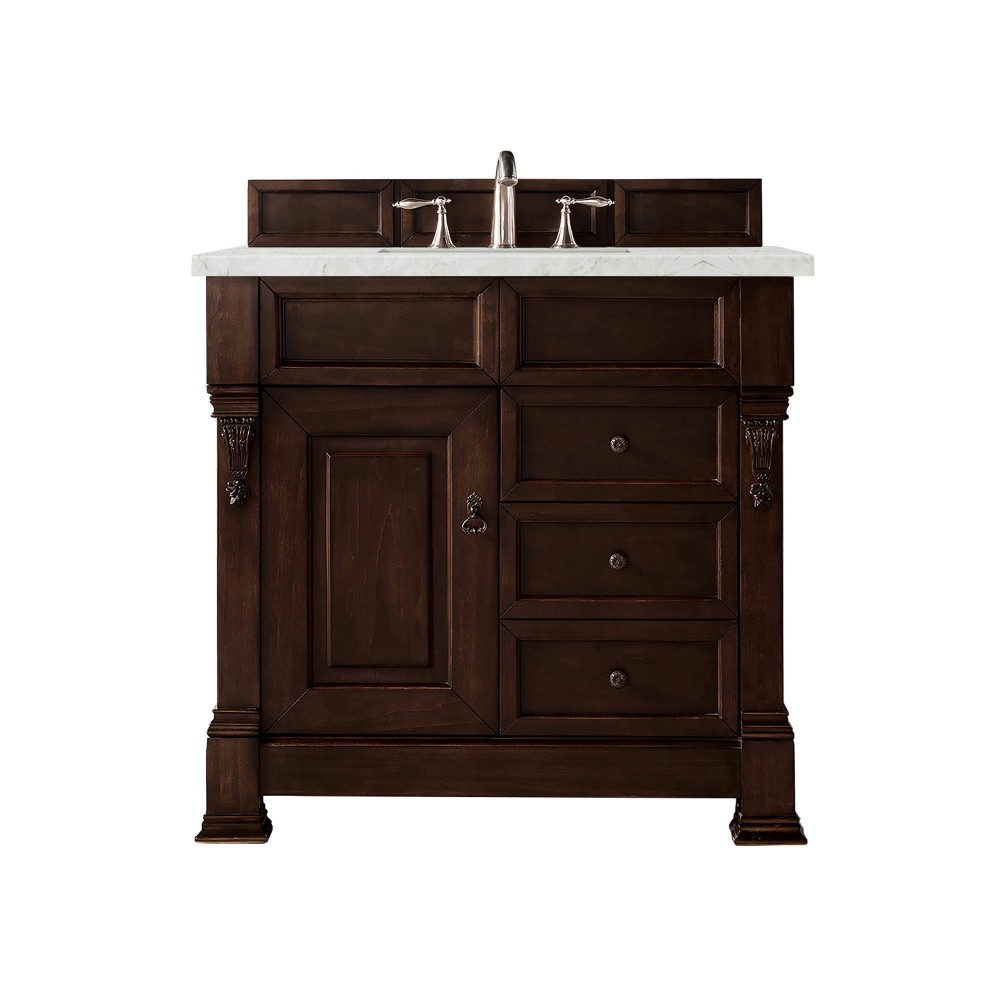 Brookfield 36" Single Vanity Burnished Mahogany w/ 3 CM Jasmine Pearl Quartz Top Brookfield 36" Single Vanity Burnished Mahogany w/ 3 CM Jasmine Pearl Quartz Top