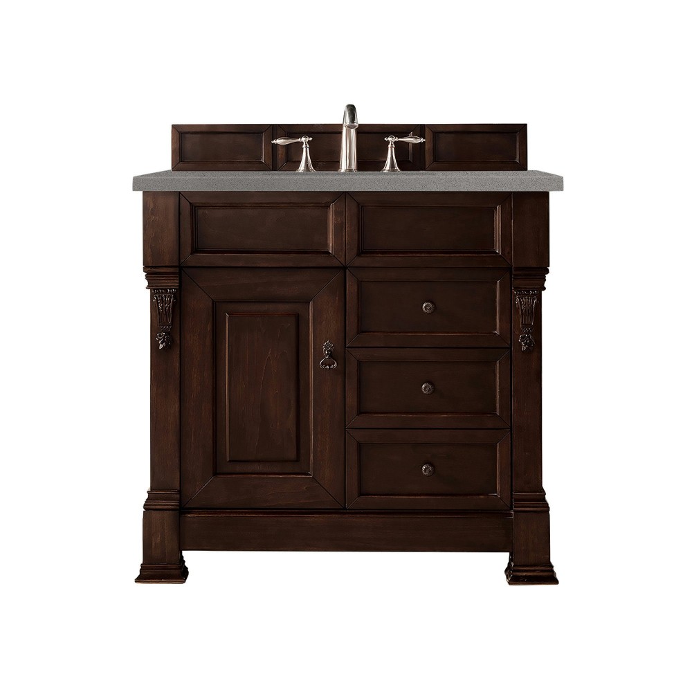 Brookfield 36" Single Vanity, Burnished Mahogany w/ 3 CM Grey Expo Quartz Top