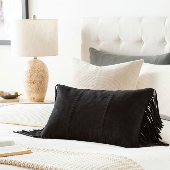 Surya Suede Fringe Black Pillow Cover 14"H X 22"W