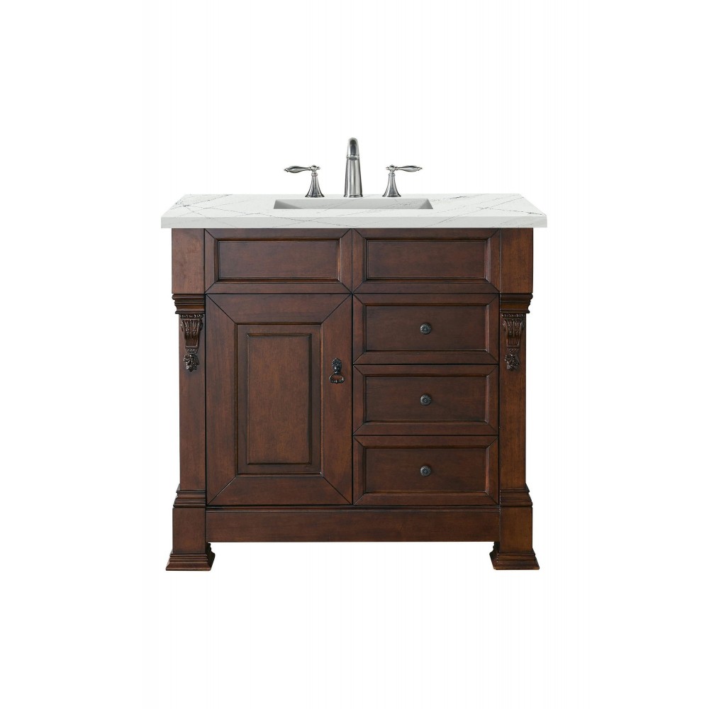 Brookfield 36" Single Vanity, Warm Cherry w/ 3 CM Ethereal Noctis Quartz Top Brookfield 36" Single Vanity, Warm Cherry w/ 3 CM Ethereal Noctis Quartz Top