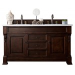 Brookfield 60" Double Vanity, Burnished Mahogany w/ 3 CM Carrara Marble Top