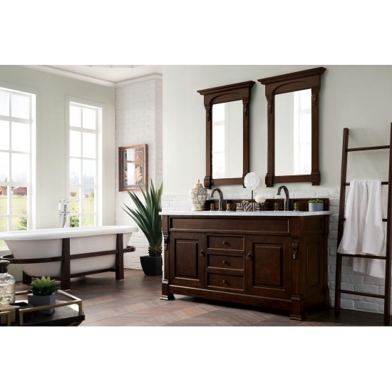 Brookfield 60" Double Vanity, Burnished Mahogany w/ 3 CM Carrara Marble Top