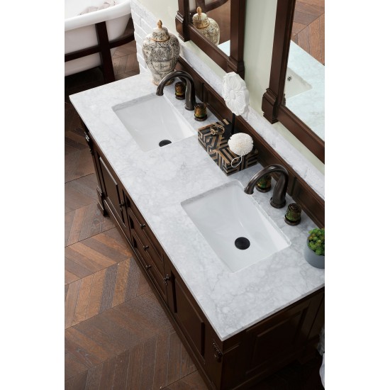 Brookfield 60" Double Vanity, Burnished Mahogany w/ 3 CM Carrara Marble Top