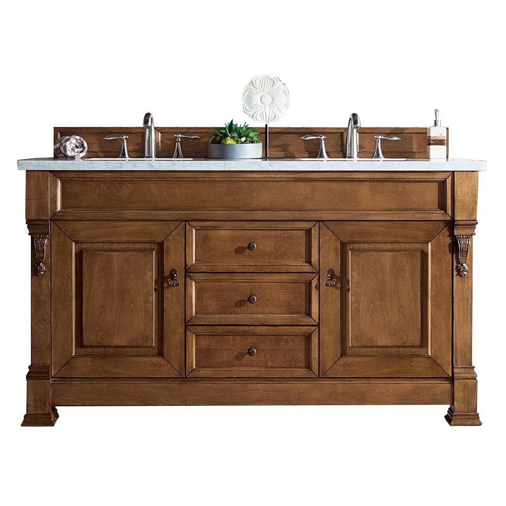 Brookfield 60" Double Vanity, Country Oak w/ 3 CM Arctic Fall Solid Surface Top