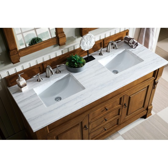 Brookfield 60" Double Vanity, Country Oak w/ 3 CM Arctic Fall Solid Surface Top