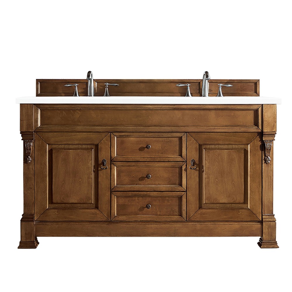 Brookfield 60" Double Vanity, Country Oak w/ 3 CM Classic White Quartz Top