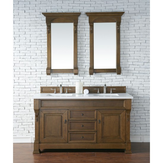 Brookfield 60" Double Vanity, Country Oak w/ 3 CM Classic White Quartz Top