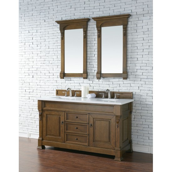 Brookfield 60" Double Vanity, Country Oak w/ 3 CM Classic White Quartz Top