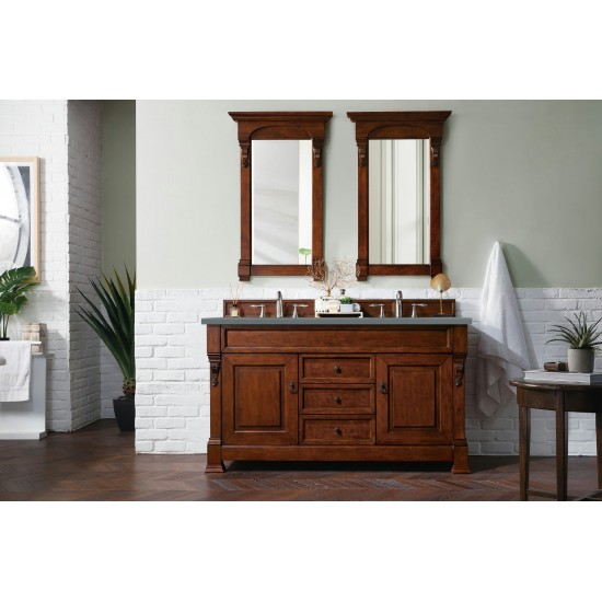 Brookfield 60" Double Vanity, Warm Cherry w/ 3 CM Cala Blue Quartz Top