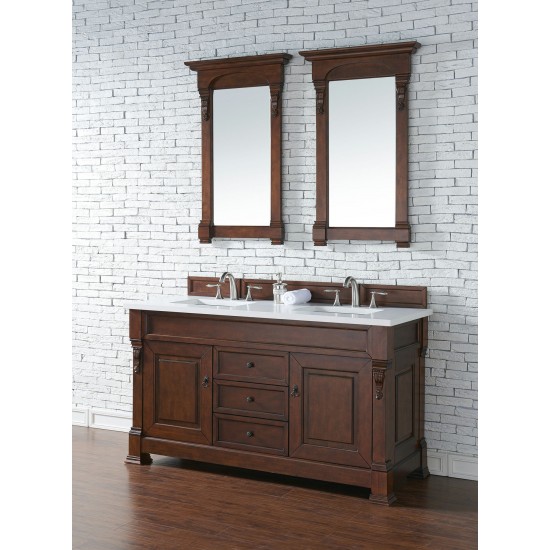 Brookfield 60" Double Vanity, Warm Cherry w/ 3 CM Classic White Quartz Top