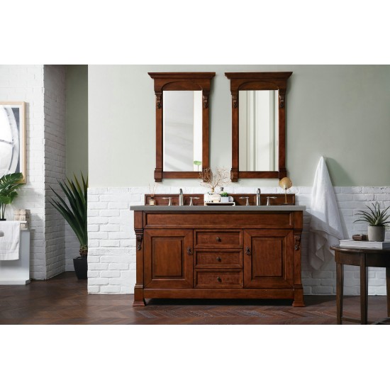 Brookfield 60" Double Vanity, Warm Cherry w/ 3 CM Grey Expo Quartz Top