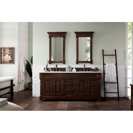 Brookfield 72" Double Vanity, Burnished Mahogany w/ 3 CM Carrara Marble Top